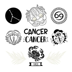 Zodiac icons set. Horoscope collection. Freehand drawing. Cancer