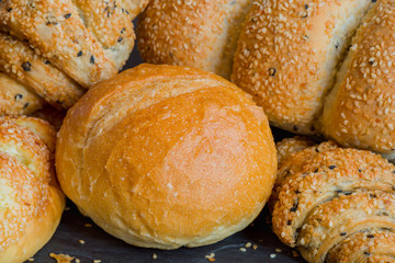 Closeup fresh bread, Traditional homemade bakery closeup.Assorted fresh baked bread.