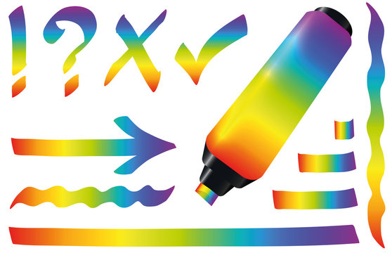 Rainbow colored highlighter. Bright marker pen plus strokes, multicolored spectrum colors to bookmark and underline important text. Isolated vector illustration on white background.