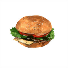 Delicious Burger with cheese, tomato and lettuce on a bun. Vector