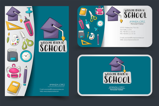 Back to school corporate identity design set. Flyer and business cards to banners for shopping or sale. Vector illustrator.