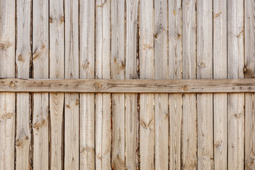 Close-up of vertical simple oak wooden fence background.  Old knotted timber wall. Vintage rustic pattern. Copyspace