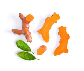 turmeric with leaf isolated on white background