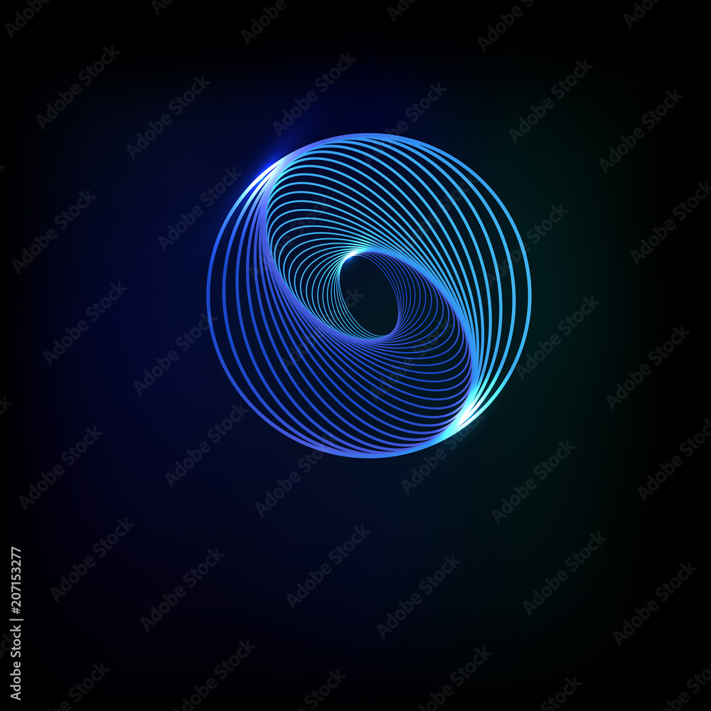 Poster Sphere glowing light banner on a black background. Sphere abstract 3d. Abstract technology sphere on the blue background. Vector illustration.