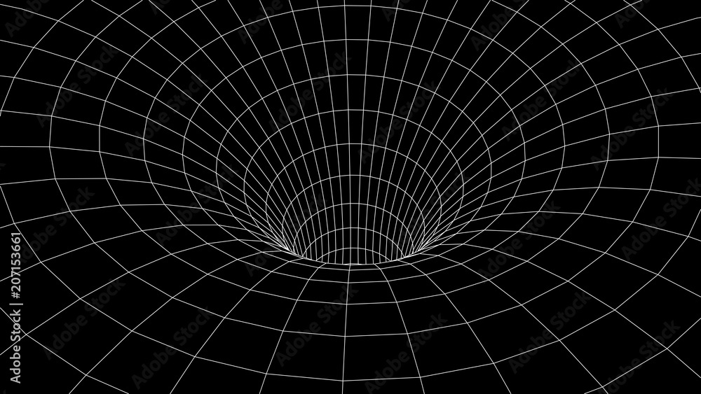 Fototapete Tunnel or wormhole. Abstract Wormhole Science. 3D tunnel grid.Wireframe 3D surface tunnel.Grid texture