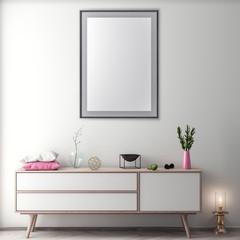 Mock up poster frame in hipster interior background, 3D illustration