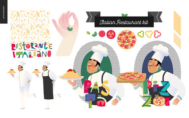 Italian restaurant set - branding, logo and menu constructor - kit of restaurant logo, cooks and waiters wearing the uniform holding a dish of pasta with red bolognese sauce and other italian food