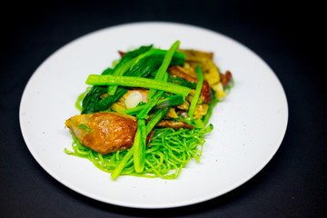 Roasted duck with green jade noodles
