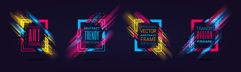 Vector modern frames with neon glowing lines isolated on black background. Art graphics with glitch effect. Holographic design element for business cards, gift cards, invitations, flyers, brochures.