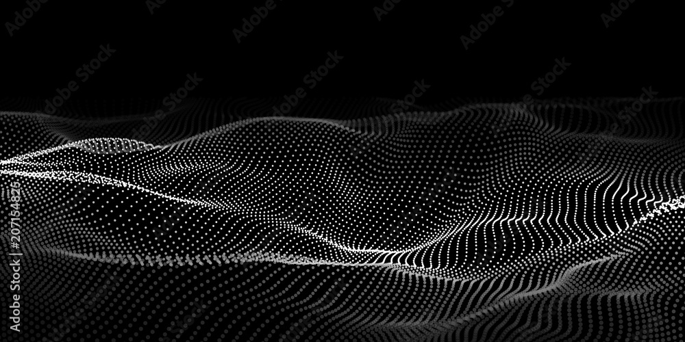 Poster Abstract wave dots in dark background. Technology vector background. Big data.