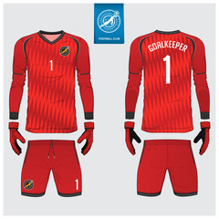 Obraz premium Goalkeeper jersey or soccer kit, long sleeve jersey, goalkeeper glove template design. Sport t-shirt mock up. Front and back view football uniform. Flat football logo label. Vector Illustration.