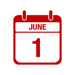 1 june calendar red icon. one