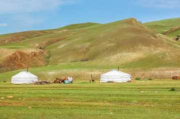 Mongolian yurts called gers on steppe in Khovsgol Province, northern Mongolia