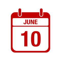 10 june calendar red icon. ten
