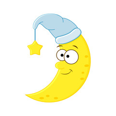 Cute cartoon moon in the hat with star. Vector illustration isol