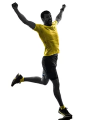 Foto op Plexiglas Joggen one caucasian man runner running jogging jogger silhouette isolated on white background