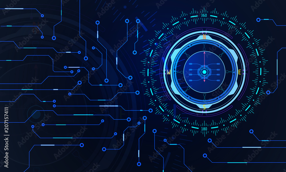 Poster abstract hud scifi futuristic compass navigator with communication circuit board concept illustratio