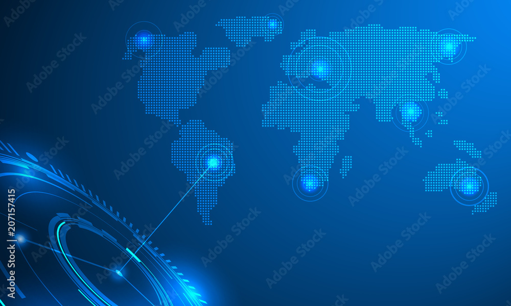 Poster Blue Hi Tech World Map Location Indentification Concept Vector Background. Abstract Scifi Technology Infographic Illustration.