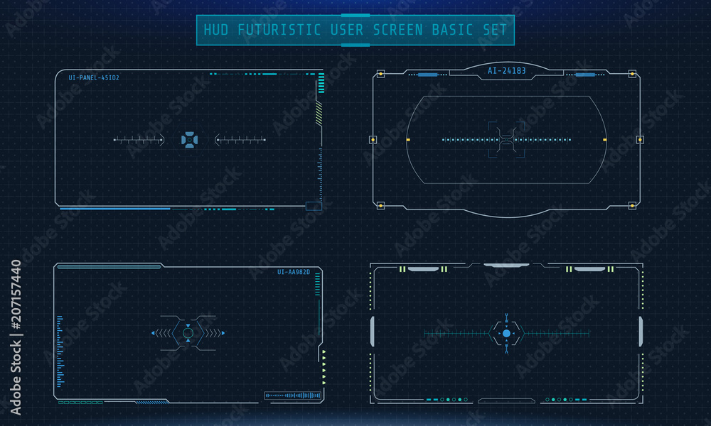 Poster HUD Futuristic Elements User Interface Screen Control Panel Vector. Abstract Scifi Hologram Hi Tech Display Illustration,