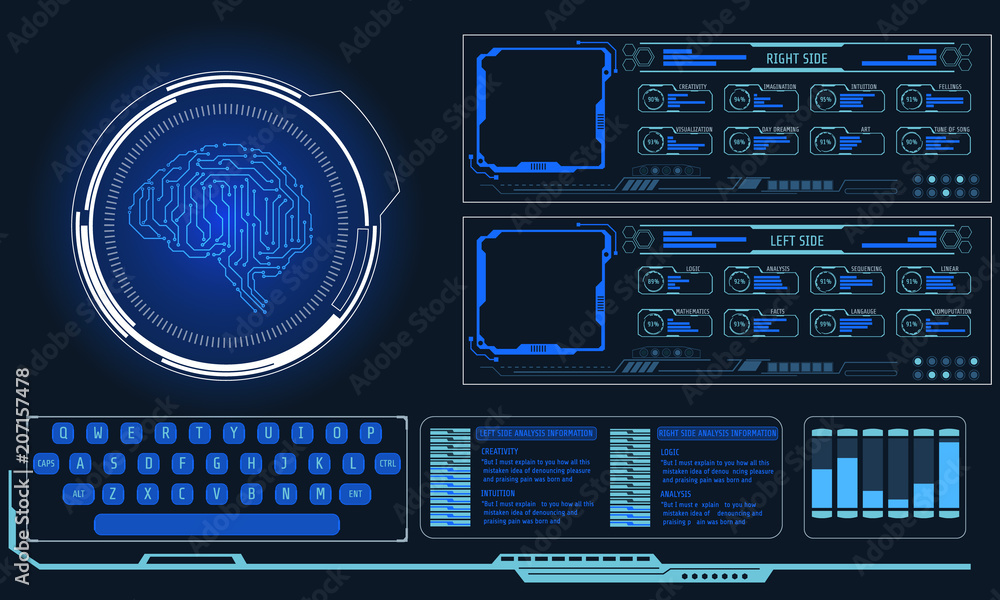 Fototapete HUD User Interface Smart Intelligence Brain Analysis Design Concept Control Panel Vector . Abstract Hi Tech Futuristic UI Infographic Template Illustration.