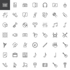 Music instruments outline icons set. linear style symbols collection, line signs pack. vector graphics. Set includes icons as Piano key, Speaker, Radio, Headphones, Microphone, Trumpet, Amplifier