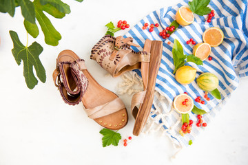 Strappy Wedge Sandals on Tropical Vacation Background