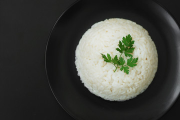 Hot Cooked Boiled White Ricen Black Background, Isolated.
