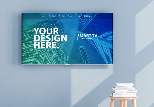 Smart TV On Light Blue Wall Mockup