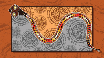 Aboriginal art vector painting with snake.  Illustration based on aboriginal style of landscape background. 