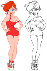 beautiful girls with graceful silhouette and in red dress