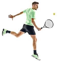 one caucasian  man playing tennis player isolated on white background © snaptitude