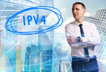 The concept of business, technology, the Internet and the network. Young businessman showing inscription: IPv4