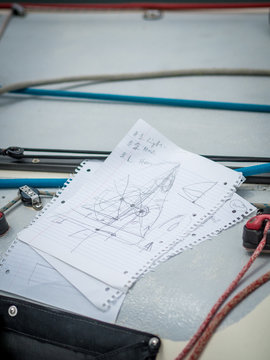 Close-up of race plans on a sailing boat, Thessaloniki, Macedonia and Thrace, Greece