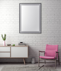 Mock up poster frame in hipster interior background and brick wall, 3D illustration