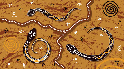 Aboriginal art vector painting with snake. Illustration based on aboriginal style of landscape background. 