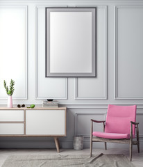 Mock up poster frame in interior background and classic wall, 3D illustration