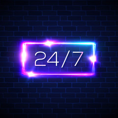 Opening hours 24 7. Neon light rectangle round the clock store frame on brick wall background. Open sign 24 Hours night club or bar neon signage. Square techno banner. Bright color vector illustration