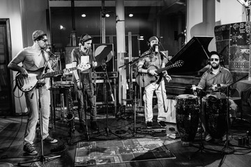 Musicians in Recording Studio, Black and White