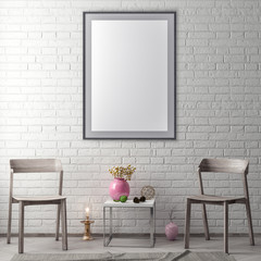 Mock up poster frame in hipster interior background and brick wall, 3D illustration