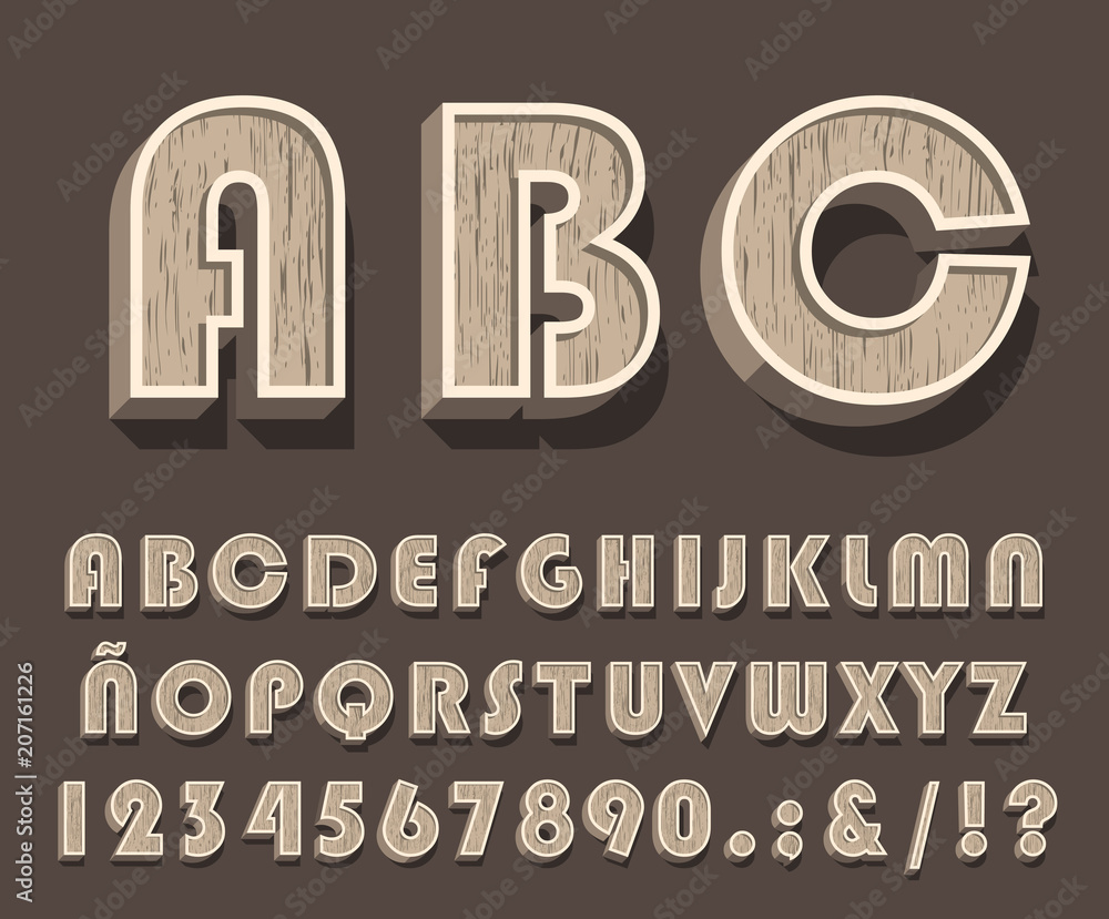 Fototapete high quality vintage wooden alphabet and numbers on color background . isolated vector elements
