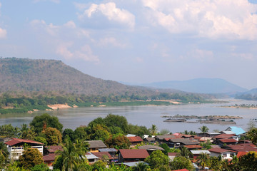 Fototapeta na wymiar View of riverside village at Wat Tham Khuha Sawan in Khong Chiam, Ubon Ratchathani, Thailand