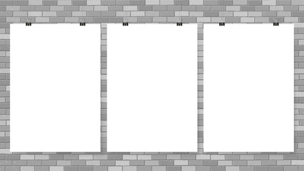 Posters on binder clips. Paper templates on brick wall. Realistic mock up. Empty notepad sheet for your business design. Brick wall. Vector templates for lettering, quote, images or logos.