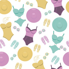 Vector seamless pattern with swimming suits, sunglasses, flip flops and hats.