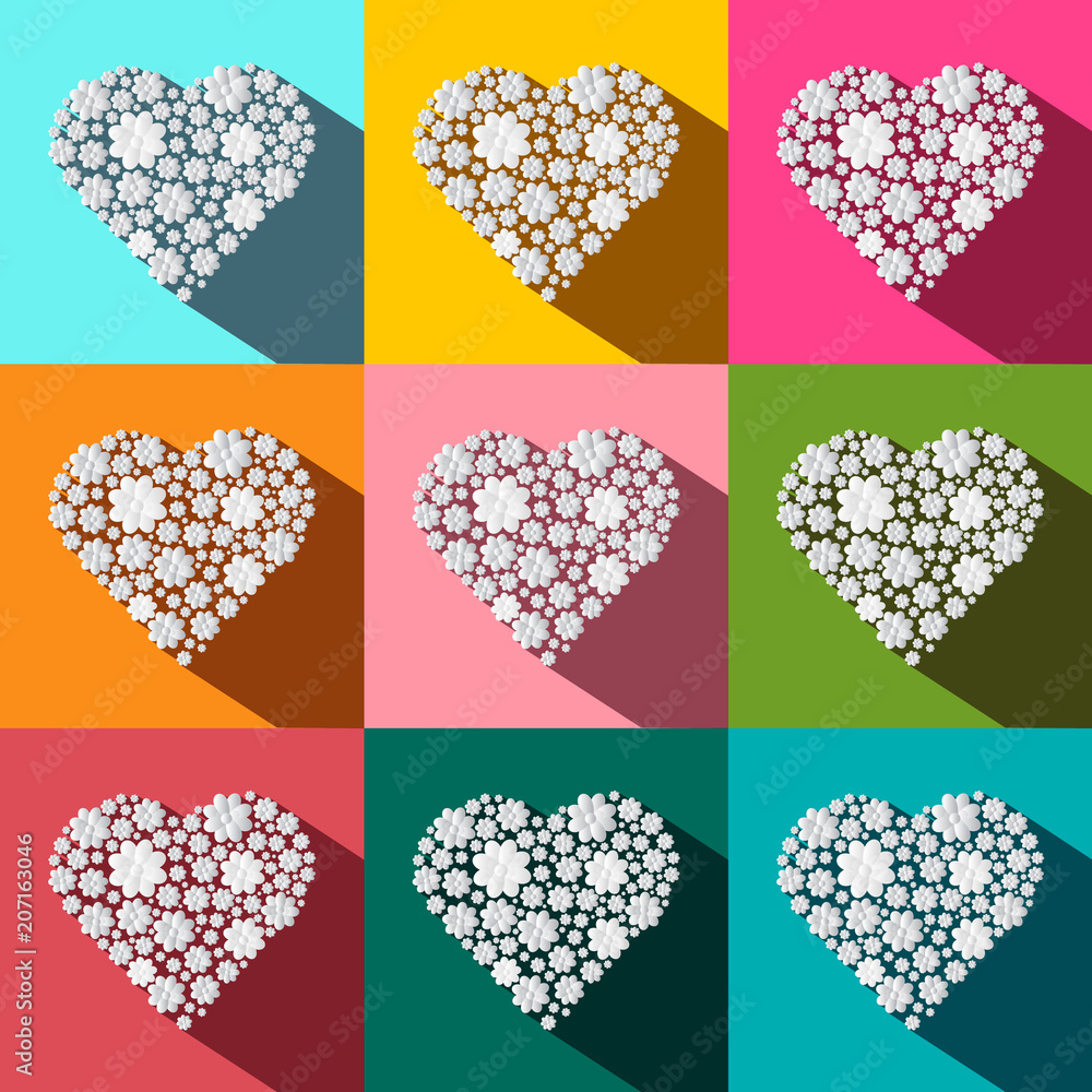Poster hearts set. vector paper cut flat design colorful heart symbol. seamless pattern suitable for web de