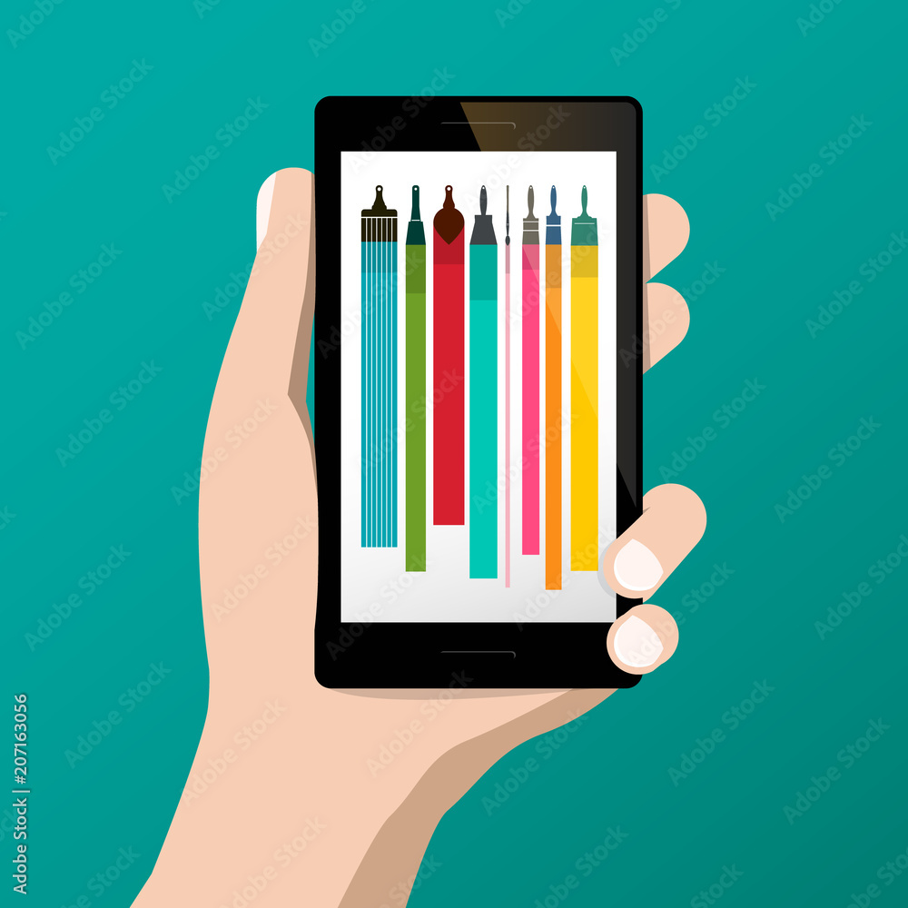 Poster graphic design symbol with colorful brushes on cellphone screen in human hand. vector flat design il