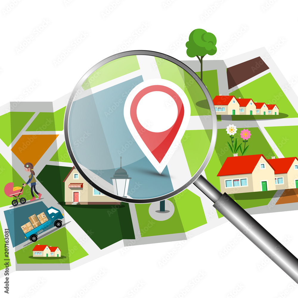 Poster navigation setup with magnifing glass over the city map with red pin and streets with building. vect