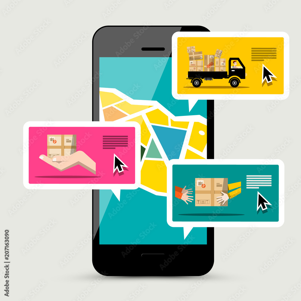 Poster cellphone with delivery service app. vector illustration of parcels, van and mobile phone applicatio