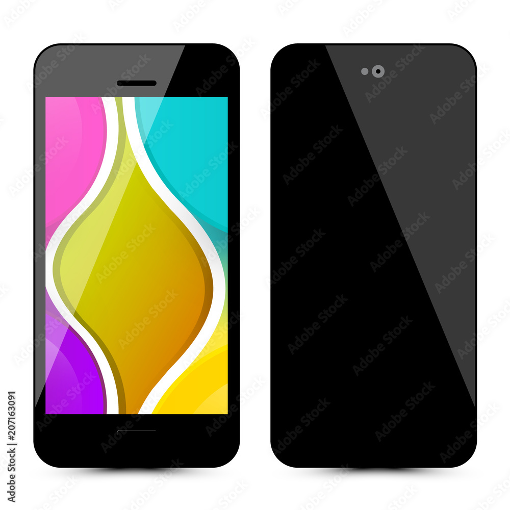 Poster vector mobile phone. smartphone front and back with abstract colorful graphics on display.