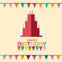 Birthday Celebration Design with Flags and Paper Cut Cake. Vector Birthdays Party Card.