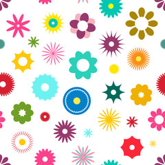 Fototapeta na wymiar Seamless Flowers Pattern Vector Flat Design Illustration. Colorful Flower Backdrop Suitable for Web Graphic Designs and Prints.